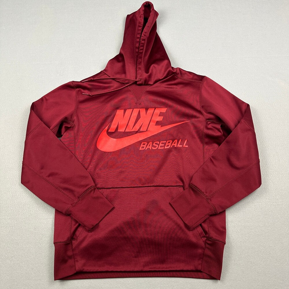 Nike Hoodie Men Small Red Solid Pullover Dri Fit Pocket Swoosh Logo Baseball S